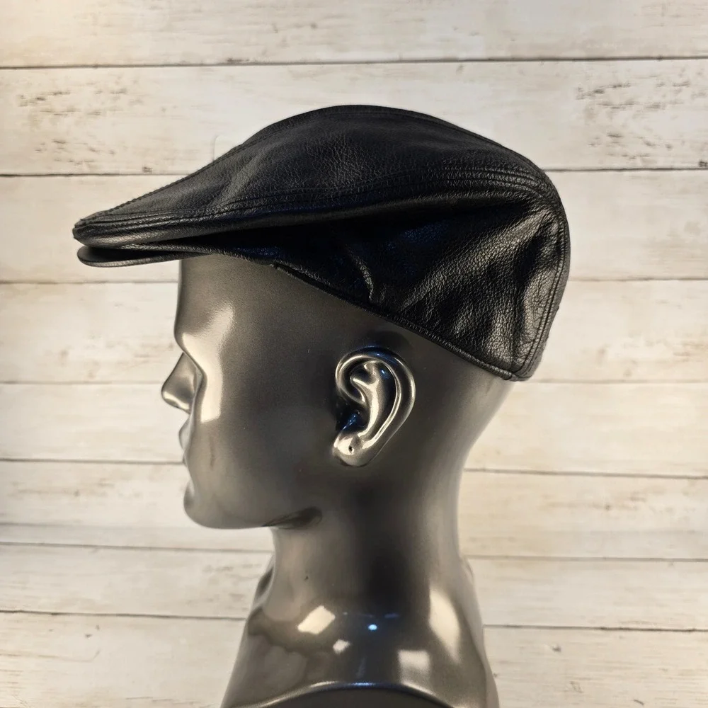 Harley Davidson Mens Black Leather Cap Flat Hat Biker Logo Genuine MotorClothes